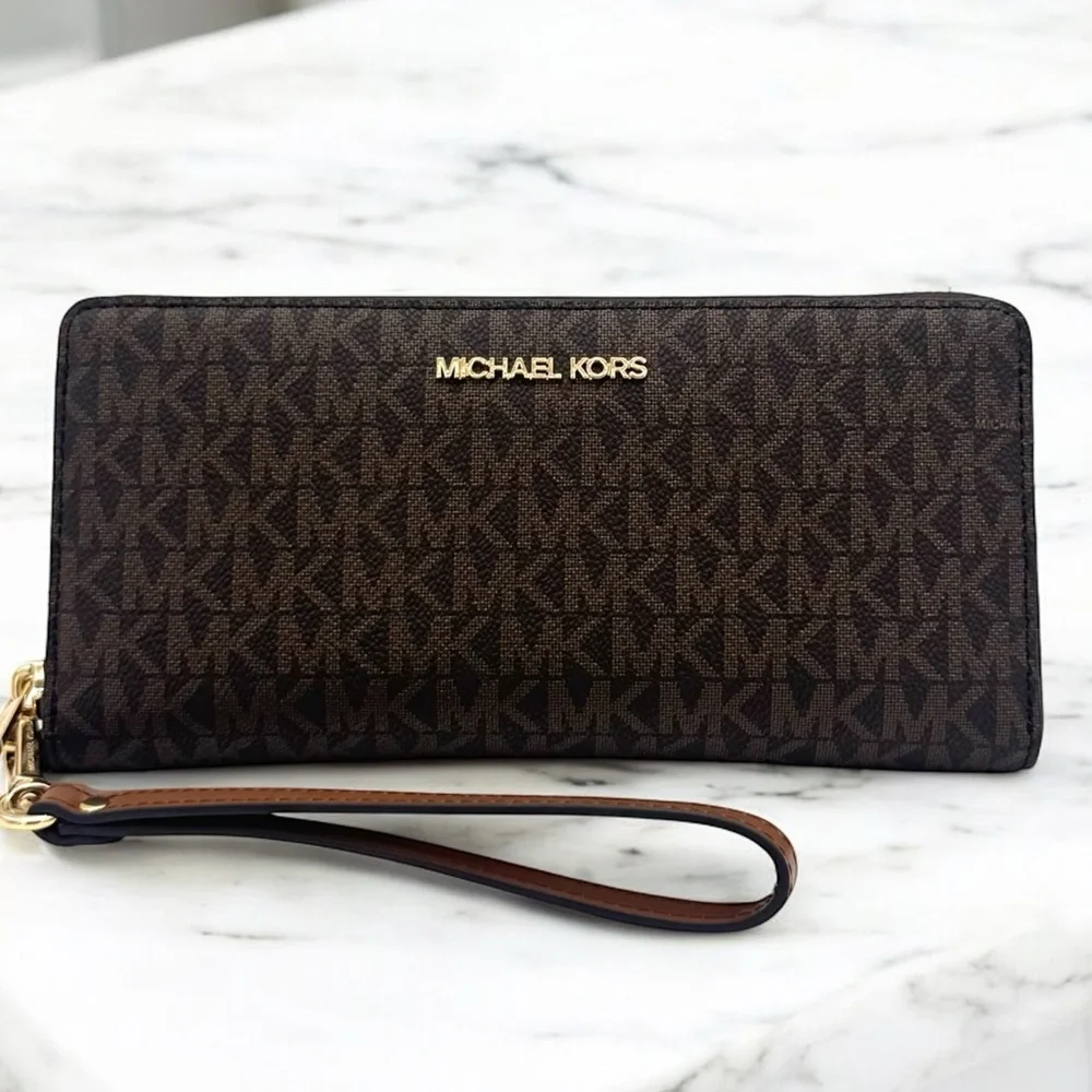 Michael Kors Large Continental Wallet Wristlet Brown Signature